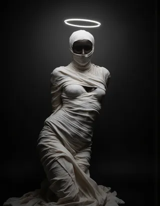 Dark polished horror art showing a female figure wrapped in white spiral cloth with gaps, illuminated halo above her head against a dark background.