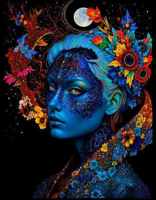 A striking fantasy portrait featuring a person with blue skin adorned with intricate swirling patterns. Their colorful hair is interwoven with vibrant red, blue, yellow, and orange flowers, against a dark backdrop with a full moon.