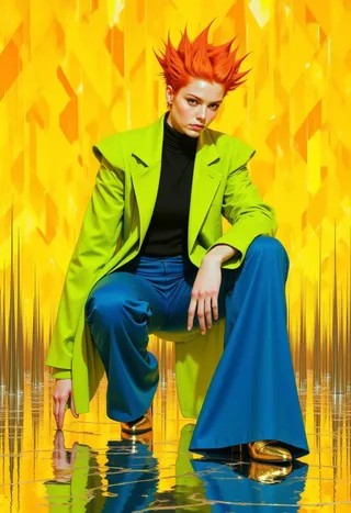 A woman with bright orange spiked hair crouching on a reflective chrome floor, wearing a chartreuse green structured coat, cobalt blue flared trousers, metallic gold boots, against a vibrant yellow optical illusion background.