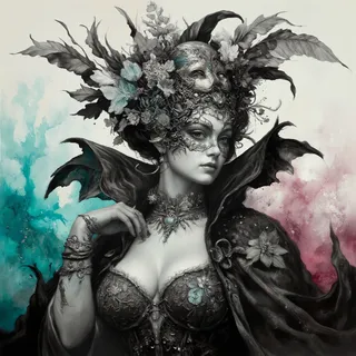A hyperdetailed, monochrome portrait of an enchanted noblewoman wearing an intricate Venetian mask and rococo attire, with teal and pink ink splash accents.