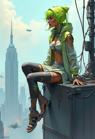 A cyberpunk fashion woman with asymmetrical lime green hair sits cross-legged atop a skyscraper ledge, wearing compression leggings, biomechanical sandals, and a translucent hooded jacket amidst a futuristic cityscape.