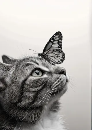 Close-up black and white photograph of a tabby cat with a monarch butterfly perched on its head, showcasing fur texture and butterfly wing details.