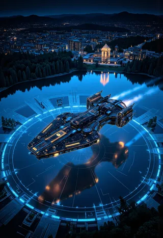 A glowing cybernetic futuristic spaceship landing on a circular platform over a lake surrounded by forest, with a glowing sci-fi city and night sky in the background.