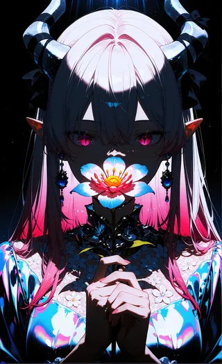 Fantasy girl with pale pink hair, black-tipped horns adorned with ribbons, and vivid gradient pink eyes holding a glowing iridescent flower close to her face, set against a dark, dramatic background with volumetric lighting and lace shirt details.