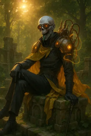 A forsaken undead priest with glowing orange goggles, wearing a yellow flowing cloak and brass tech spaulders, sits casually on moss-covered ancient dwarven ruins surrounded by lush forest in golden hour light.