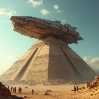 A massive brutalist-style futuristic spaceship hovers above the apex of a large, stepped ancient Egyptian pyramid in a desert landscape with people observing below.