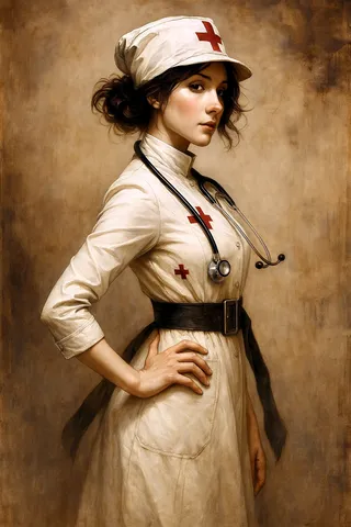 Portrait of an early 20th-century nurse in a Red Cross uniform, wearing a white cap and coat with a black belt, stethoscope around her neck, set against a muted sepia-toned background.