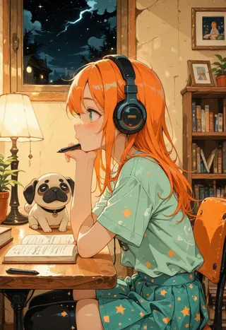 Side view of a girl with long orange hair wearing headphones and pastel star-patterned clothes, sitting at a desk writing with a pen, next to a stuffed pug, under warm desk lamp light, with a nighttime starry sky visible through the window.