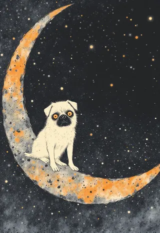 Illustration of a small, fluffy pug puppy with large orange eyes sitting on a realistically textured crescent moon, surrounded by a dark cosmic background with stars.