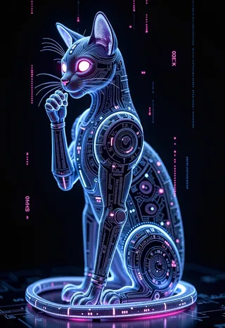 A cybernetic cat sitting and licking its paw, constructed from glowing matrix code and circuit board elements in blue, purple, and white hues.