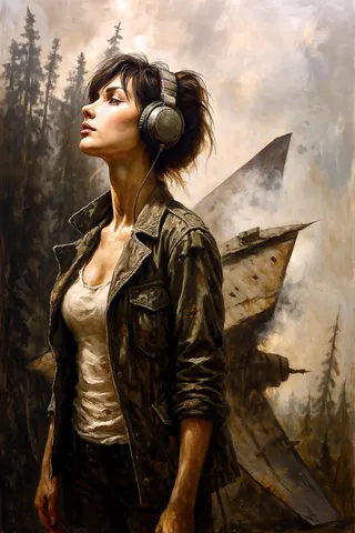 A young aviatrix with tousled hair wearing oversized vintage headphones and a weathered olive flight jacket stands pensively in a misty evergreen forest beside a scorched aircraft tail, rendered in an expressive oil painting style.