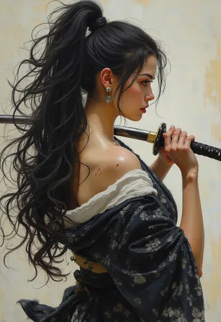Close-up oil painting of a samurai Japanese girl with a huge ponytail, wearing a black and white kimono off shoulder, holding a katana over her shoulder.