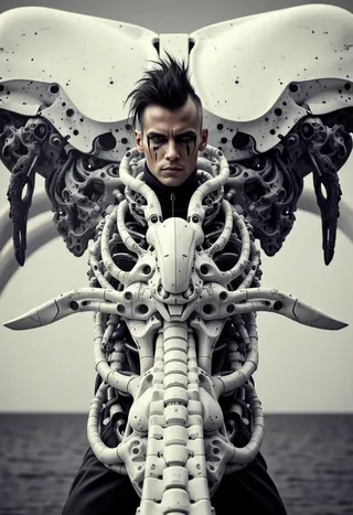 Portrait of a futuristic humanoid with dark makeup, clad in complex white mechanical armor resembling a robotic skeleton with mechanized wings.