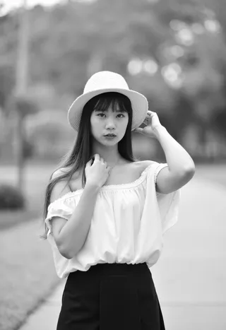 Black and white photograph of a woman wearing a white fedora hat and off-the-shoulder white shirt, posing confidently outdoors with blurred background.