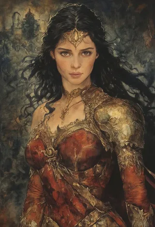 Detailed portrait of Wonder Woman wearing red and gold armor with a tiara, depicted in a Rembrandt style with baroque and chiaroscuro elements.