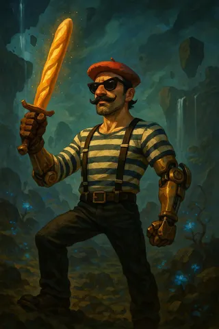 Stylized fantasy French explorer wearing a red beret, black sunglasses, striped sailor shirt, and a brass robotic arm, holding a glowing baguette like a sword in an alien landscape with floating rocks and bioluminescent plants.