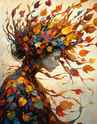 Retrato de uma mulher com cabelo e corpo compostos por coloridas folhas de outono, fluindo dinamicamente em tons de laranja, vermelho, amarelo, azul e roxo, renderizado em um estilo detalhado e pictórico de pintura a óleo.
