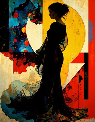 Silhouette of a person in a flowing gown standing against a background of vibrant geometric shapes and color blocks in red, yellow, blue, and black.