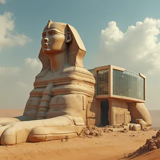 Massive ancient Egyptian Sphinx statue in a hot desert with a seamless modern, glass and gray research building extension attached to it under a cloudy blue sky.