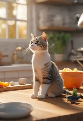 A highly detailed photorealistic image of a cartoon cat sitting on a wooden kitchen countertop with ambient sunlight coming through the window, showing intricate lighting and sharp focus.