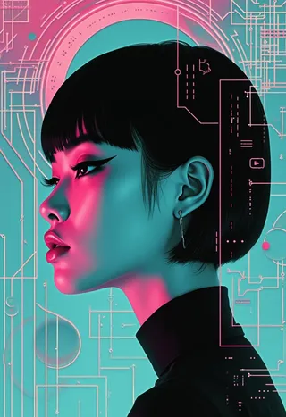 Profile of a Japanese female cyberpunk hacker lit with magenta and teal lighting against an abstract geometric retro-futurist background.