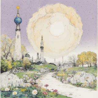 A serene landscape featuring tall, ornate towers amid trees and flowers, with a winding river under a large, glowing celestial body in the sky.