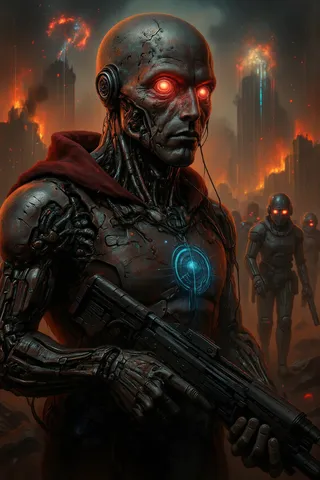 A battle-hardened cyborg with glowing red eyes and mechanical arm holding a plasma rifle standing amid robotic soldiers in a burning city with smoke and sparks.