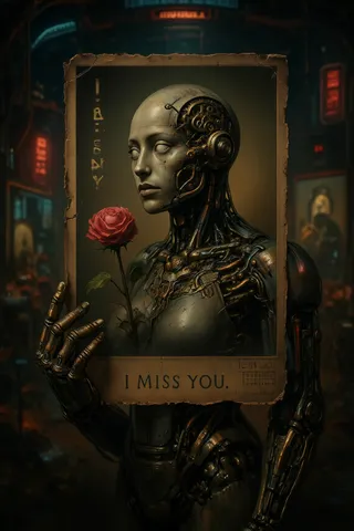 A robotic hand with brass and cybernetic joints holding a weathered vintage photo of a faceless steampunk cyborg mannequin holding a rose, framed by frayed edges and set against a dim spaceship background.