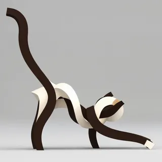 A modern abstract sculpture of a cat with a stretched body, featuring smooth curved shapes in brown and white on a light gray background.