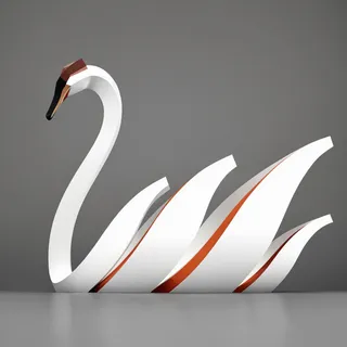 A modern abstract sculpture of a swan with geometric white shapes and wood accents on a gray background.