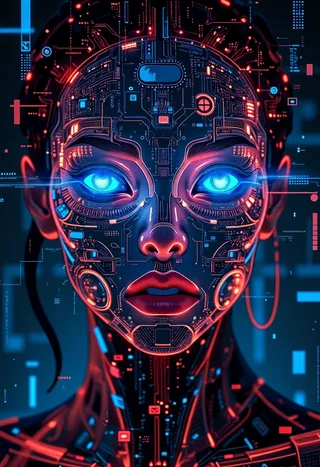 Colorful cyberpunk woman’s face covered with glowing matrix and intricate circuits, featuring bright blue glowing eyes and vivid red lips on a dark background.