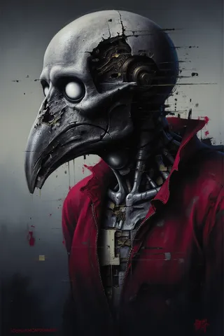 Dark surrealistic portrait of a bird-like figure with a mechanical skeletal face wearing a deep crimson jacket, painted with impasto texture and high contrast lighting.