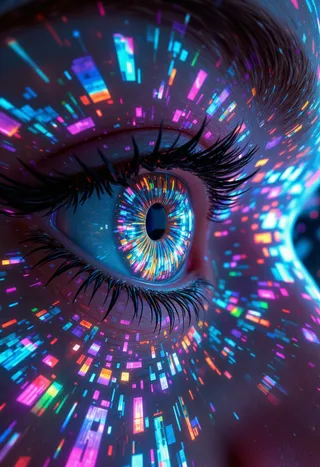 Extreme close-up of a digital eye with vibrant neon glitch patterns and pixelated reflections, evoking a dystopian cyberpunk cityscape.