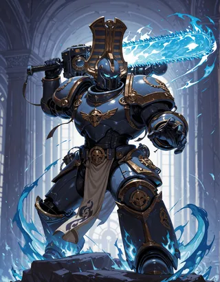 Armored warrior wielding a glowing blue flames chainsword in a dramatic action pose within a detailed cathedral-like background.