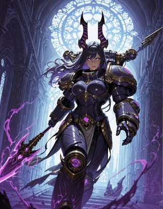 A female warrior in dark, ornate power armor with glowing purple eyes and long flowing hair, standing in a gothic cathedral with a glowing purple spear and an ethereal aura.
