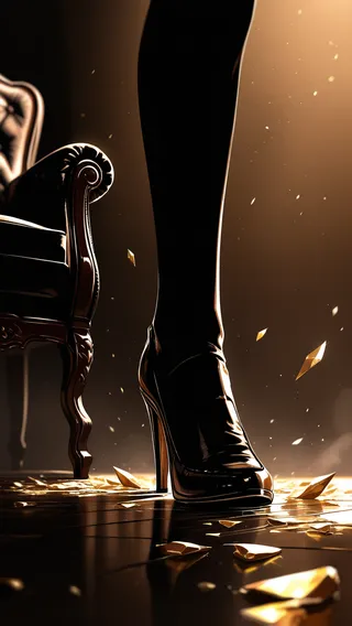Close-up of a femme fatale's glossy high heels stepping on golden shards of broken mirror near a leather armchair in a smoky room with dust particles glowing in dramatic lighting.