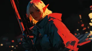 Portrait of a blond-haired elf archer with blue eyes, holding a weapon with dramatic and cinematic lighting against a dark background.