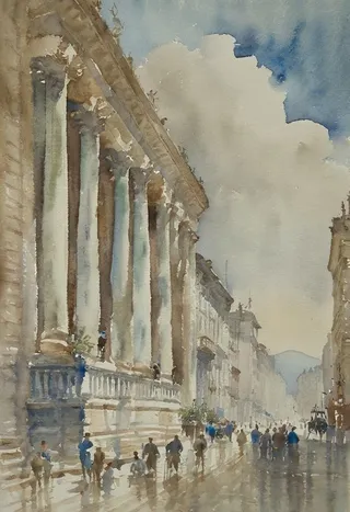 Watercolor painting of a city street featuring broad cobblestone road, tall ornate buildings with classical columns and balconies, early 20th-century figures walking, and a blue gradient sky with wispy clouds