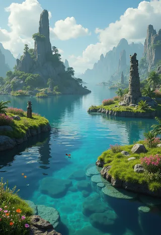 Photorealistic alien world featuring water-covered terrain with lush islands, exotic plants, and ancient stone ruins including totems and temples under a bright cloudy sky.