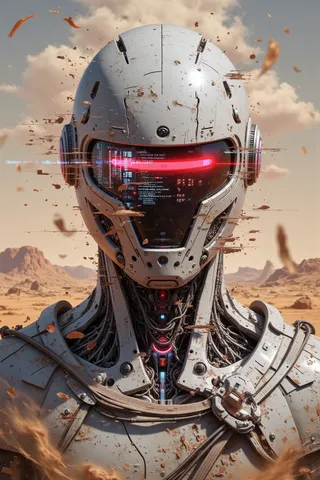 Closeup of a futuristic mechanical knight wearing a white and red highly reflective helmet with a digital display visor showing ASCII art glitches, in a desolate desert amidst a thick sandstorm and volumetric backlighting.