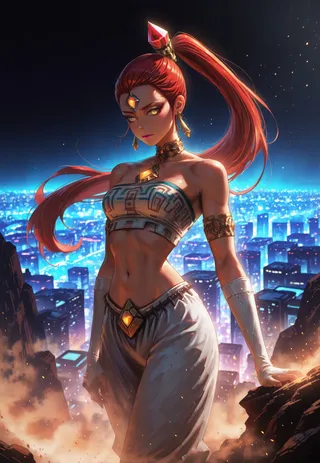 A striking red-haired woman with yellow eyes stands confidently at night overlooking a glowing city, wearing tribal-style jewelry and a strapless top.