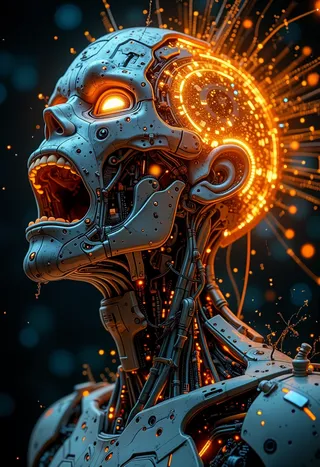 Screaming zombie robot head with an exposed glowing brain, detailed mechanical circuits and matrix code elements, illuminated in bright orange and blue.