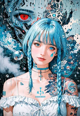 Close-up portrait of a cybernetic woman with blue braided hair, heterochromia eyes, intricate glowing tattoos, and digital rain effects.