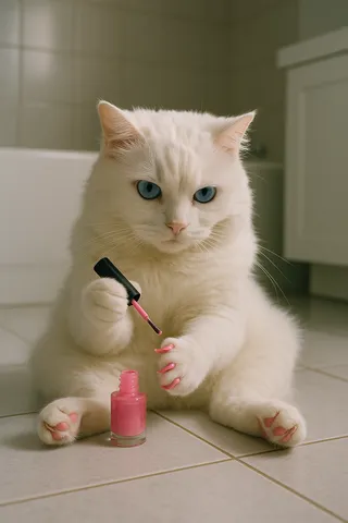 A fluffy white cat with striking blue eyes sitting on tiled floor in a modern bathroom, applying vibrant pink nail polish to its claws with humanlike dexterity.
