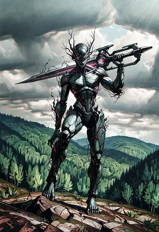 A cybernetic humanoid warrior with intricate armor and organic branch-like details stands on rocky terrain holding a large graviton beam emitter weapon over its shoulder, set against a forested hillside under a cloudy sky with dynamic and volumetric lighting.