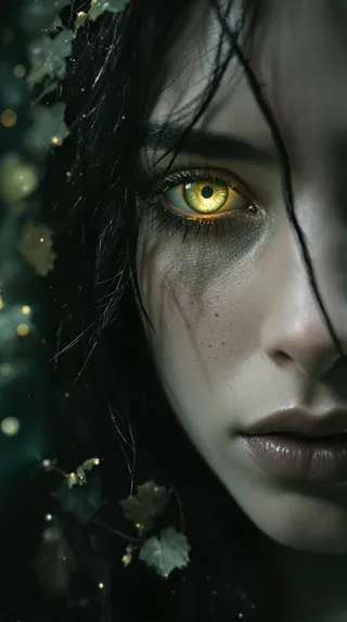 Close-up portrait of a haunting forest spirit with glowing golden eyes, pale freckled skin, and dark hair entwined with mist and leaves, illuminated by cinematic chiaroscuro lighting.