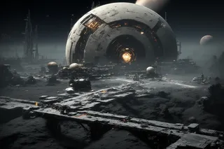 A futuristic sci-fi moon base featuring a large, round dome structure with glowing interior lights, surrounded by metallic buildings and a cratered, dusty landscape under a planet-lit sky.