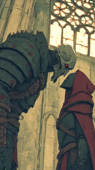 A tall vampiric skeletal guard with glowing red eyes confronts a holy knight clad in red cloak and metal armor inside a gothic cathedral.