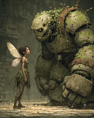A mystical scene showing a petite Fae Queen with delicate butterfly wings and a leafy dress facing a towering Iron Golem covered with moss and vines inside an ancient stone chamber.