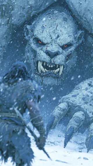 A fierce ice beast with red eyes and large fangs confronts a determined barbarian warrior amidst a snowy winter landscape.